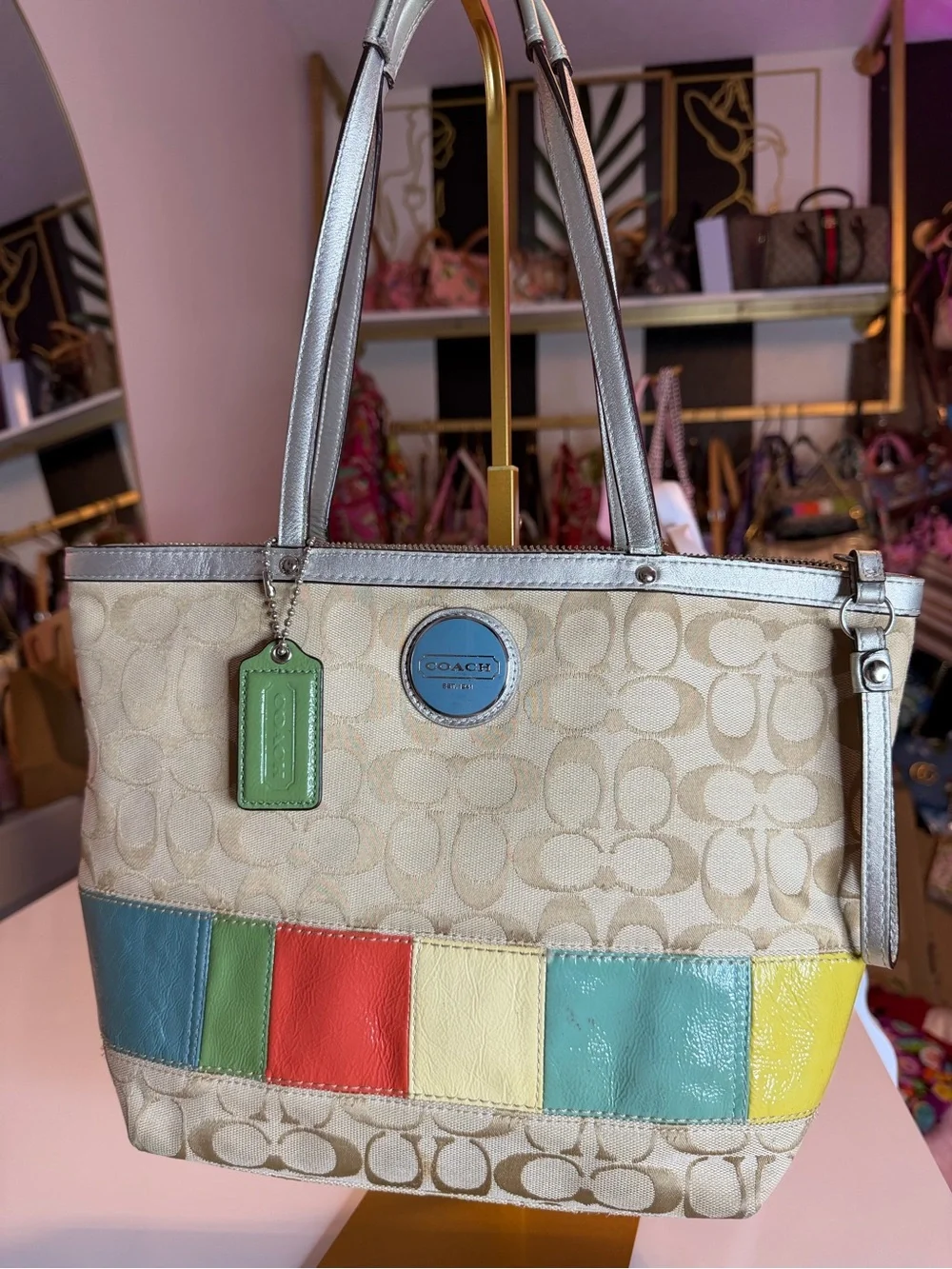 Coach F17426 Y2K Signature Multi Stripe Tote 2011 Multicolor Patent Bag vintage